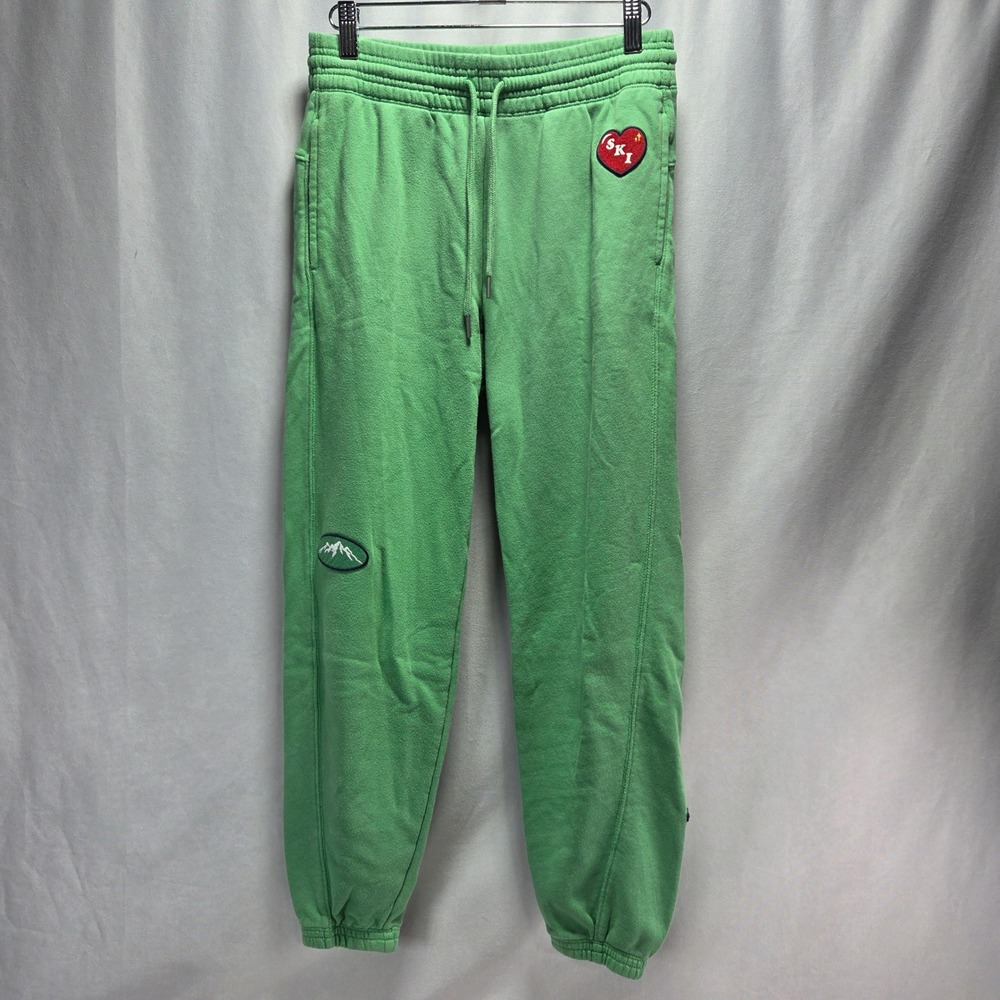 Aerie Smiley World Green Jogger Sweatpants Embroidered Patches Ski Ice Cold XS